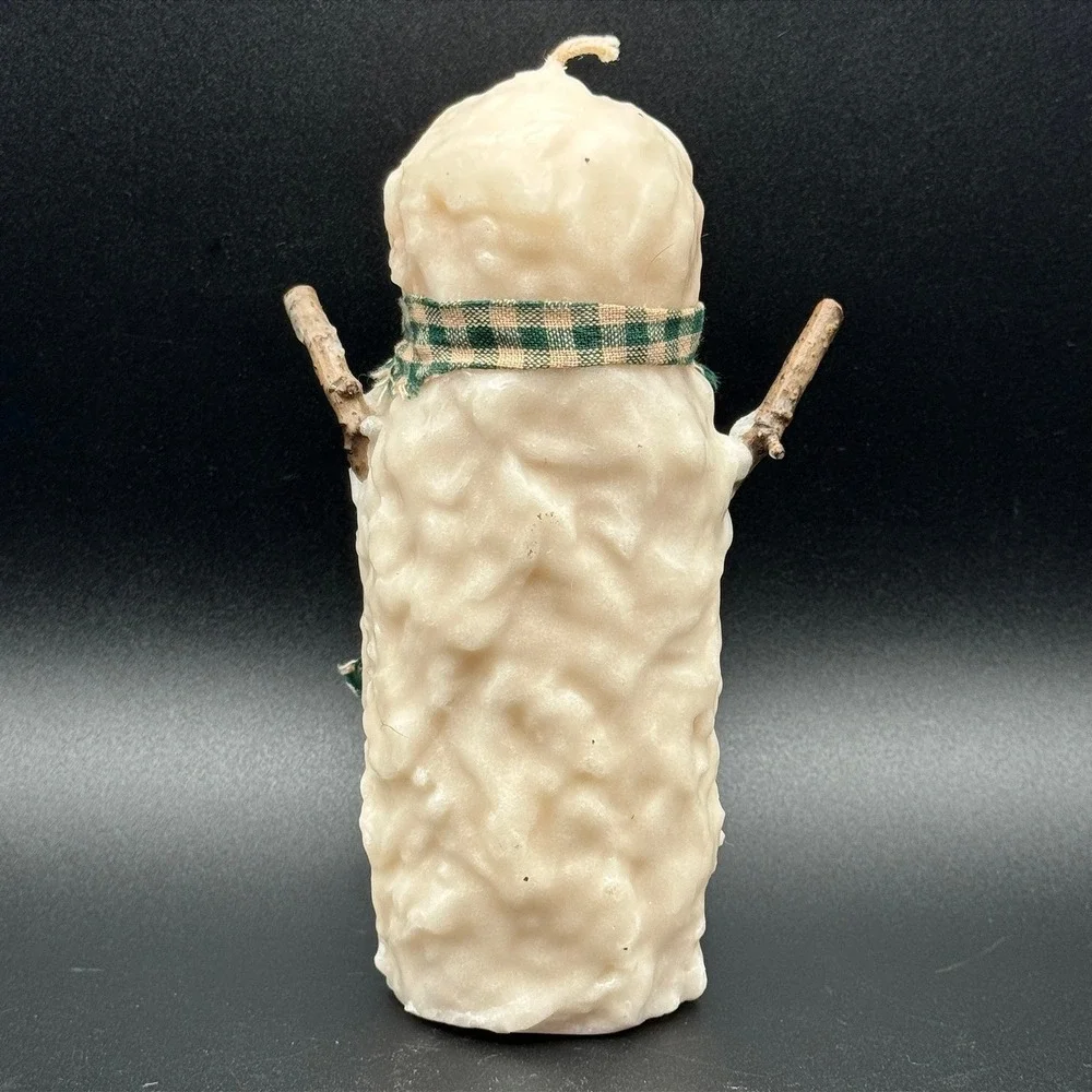 Rustic Snowman Pillar Candle Primitive Holiday Decor Plaid Scarf Stick Arms